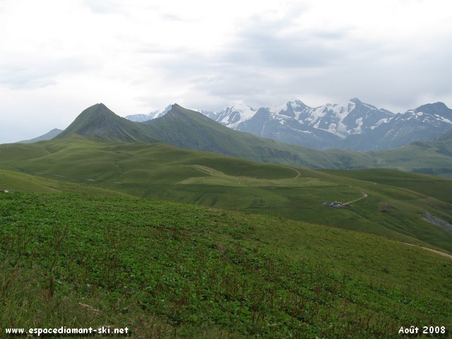 Les alpages de Plan Mermin avec les Aiguilles Croches en arrire plan