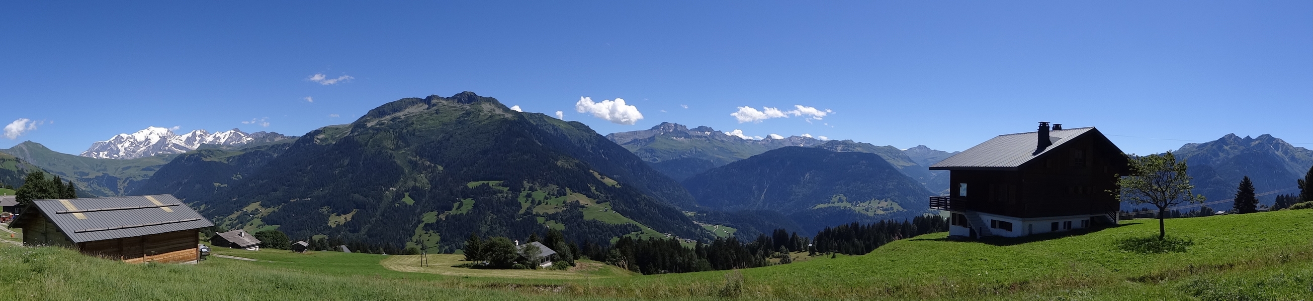 De gauche  droite : les Aiguilles Croches, le Col du Joly, la Chane du Mont Blanc, la Montagne d'Outray, l'Aiguille du Grand Fond, la Pierra Menta, le Mirantin