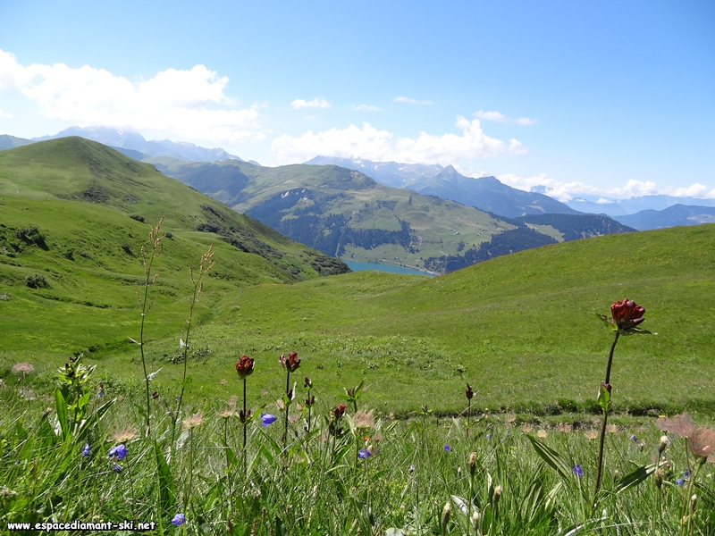 Le lac de Roselend au loin