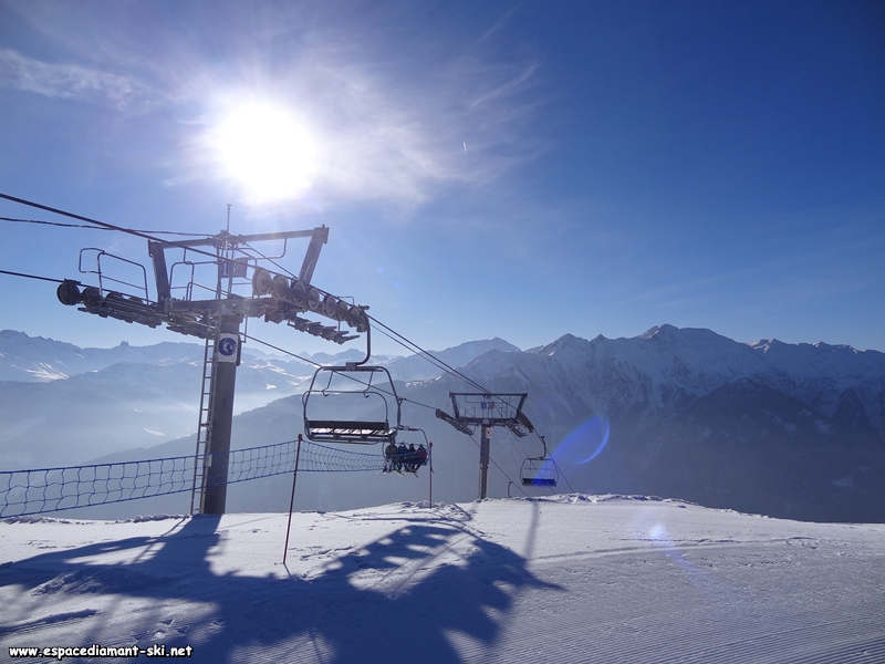 Les pylnes 14 et 15 avec le Mirantin, le Grand Mont et la Pierra Menta, entre autres, en toile de fond